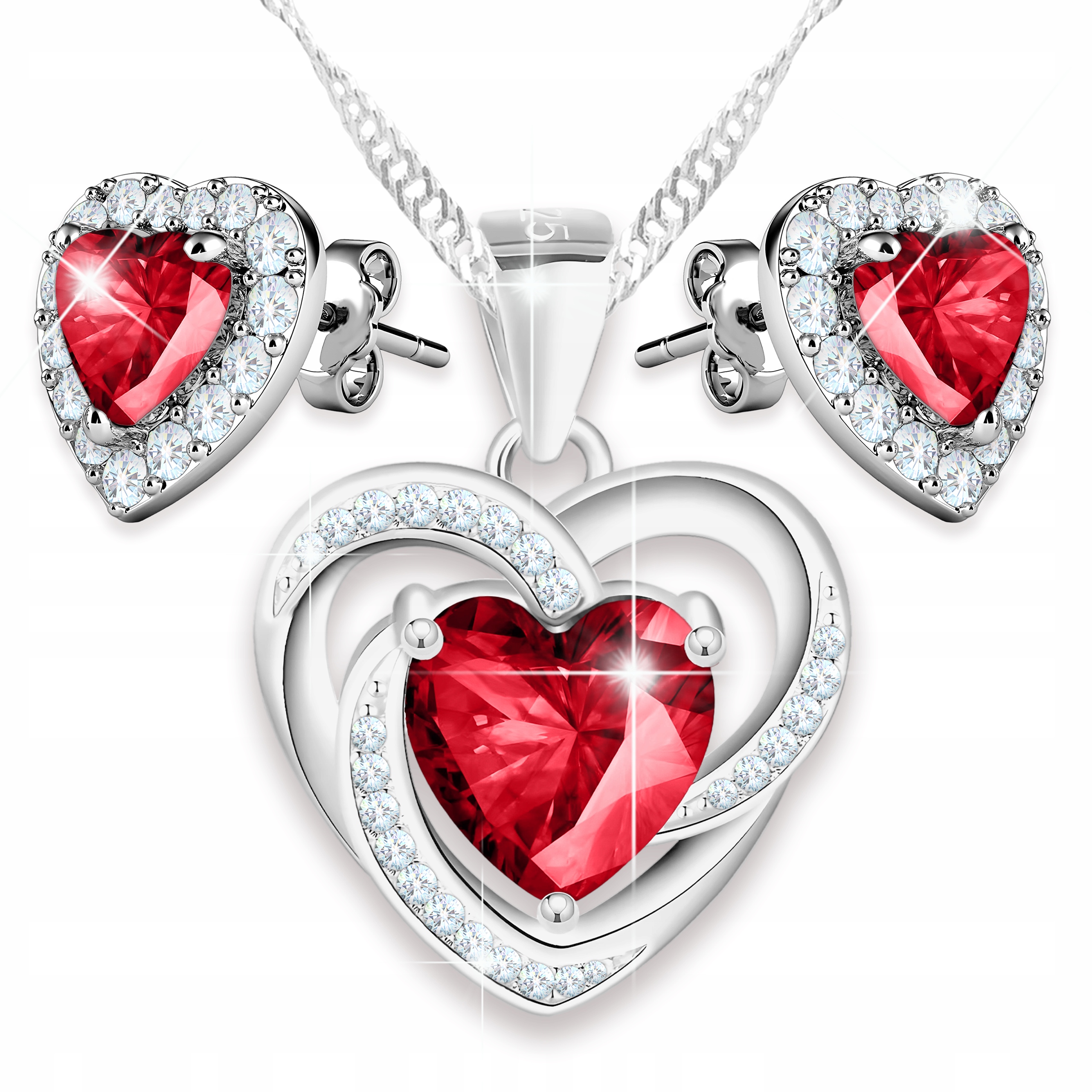 Sada stříbrných náhrdelníků a Náušnice Červené srdce s zirkony Stříbro 925