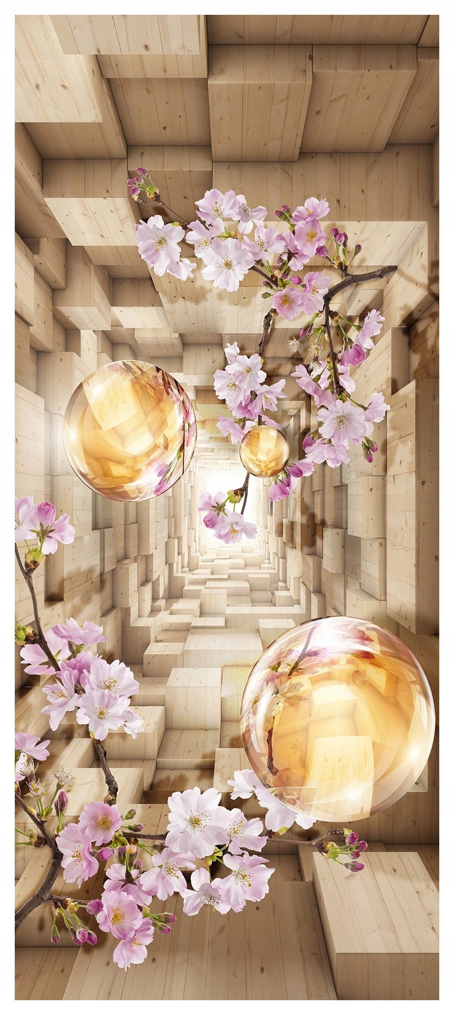 Fototapeta Tunel Sakura Zlaté Sféry Dřevo Iluze Perspektiva 91x211 lepidlo