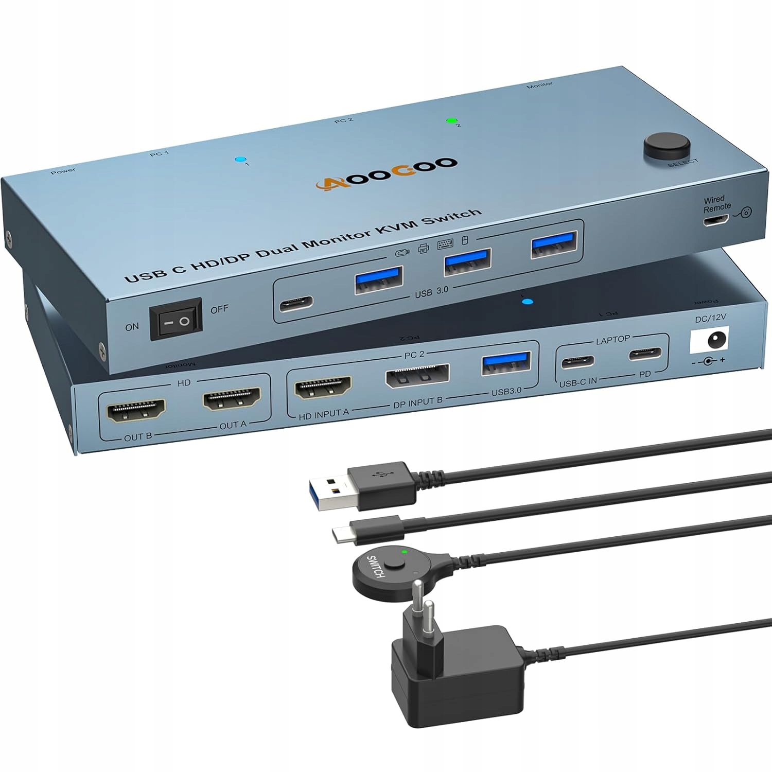 Přepínač Kvm Usb-c 4K@60Hz Dp/hdmi pro 1 Ks a 1 notebook 4× Usb 3.0 Aoocoo
