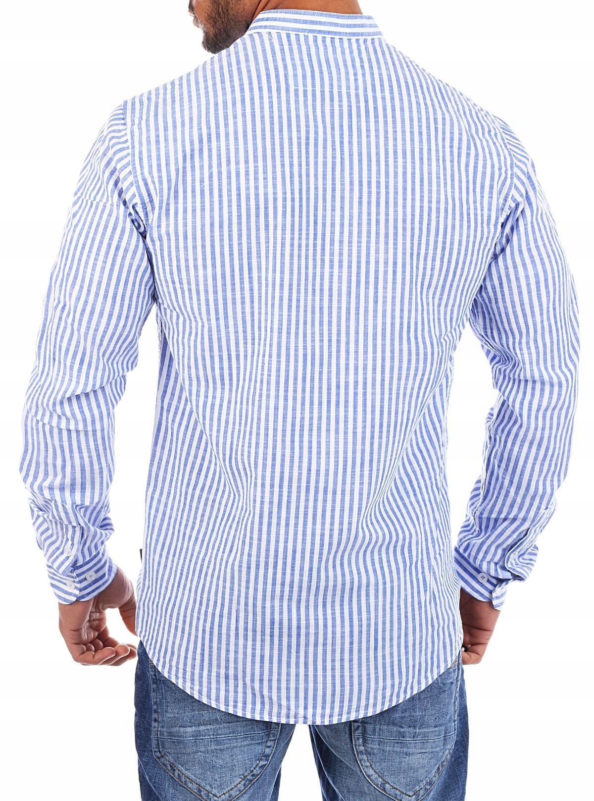 PRZEWIEWNA KOSZULA MĘSKA LNIANA LEN NIEBIESKIE PASKI - M Model Len