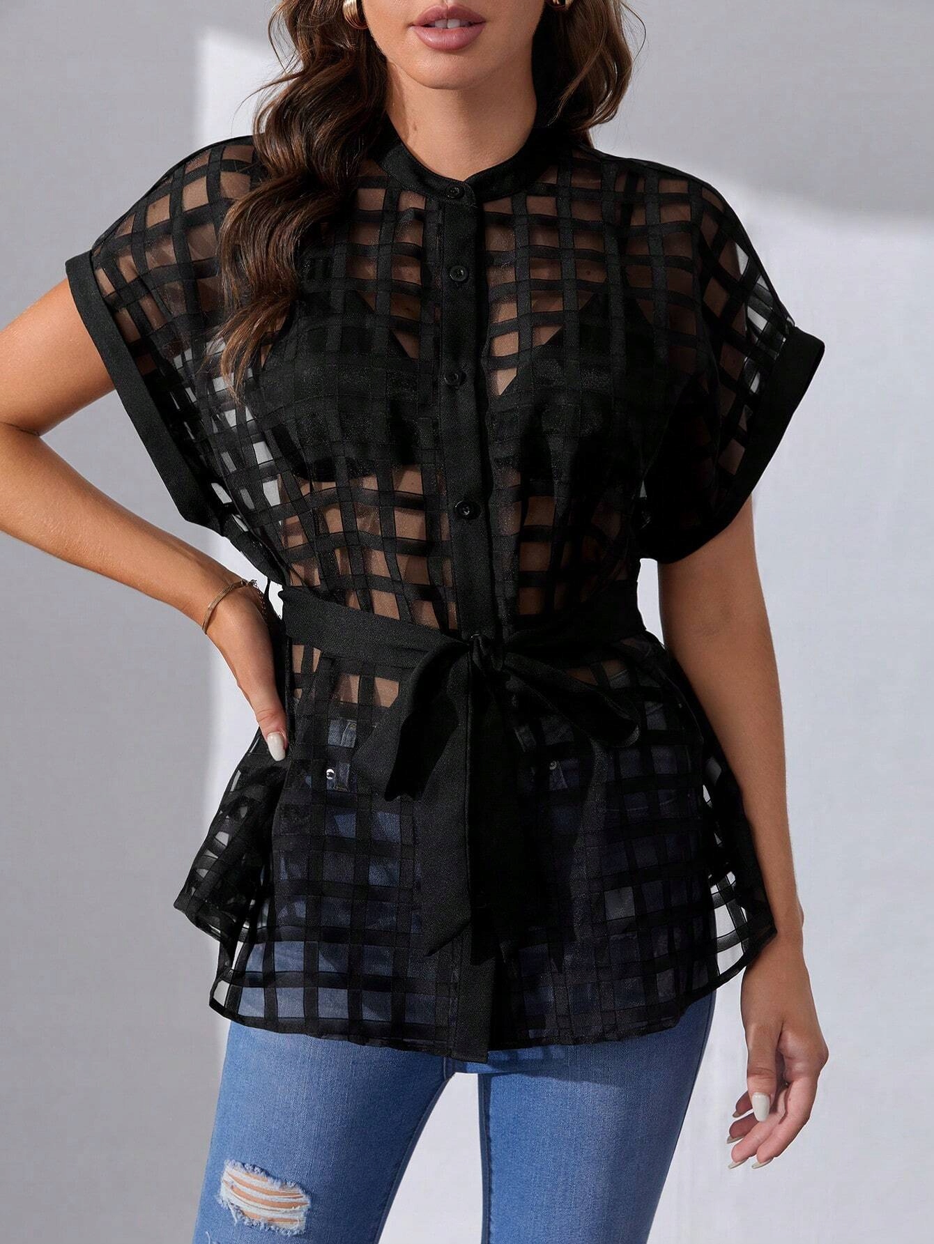 SHEIN CZARNA KOSZULA NIETOPERZ Z PASKIEM S 06605 Rozmiar S