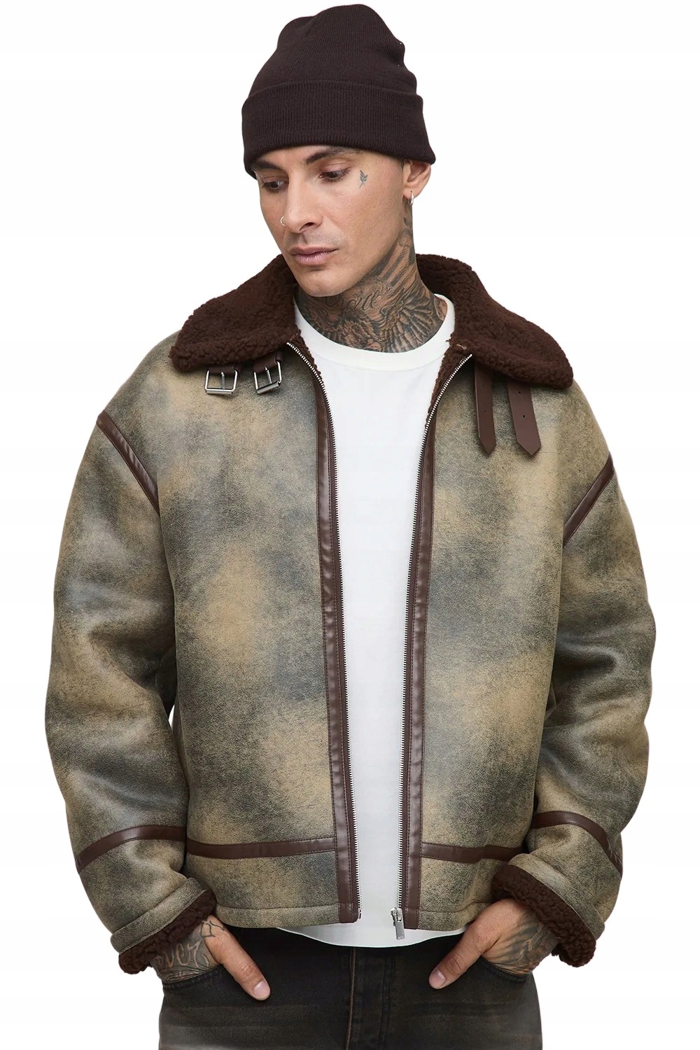 Boohooman Pánská Pilotní Bunda S Zateplením A Hnědým Límcem XL Z3A