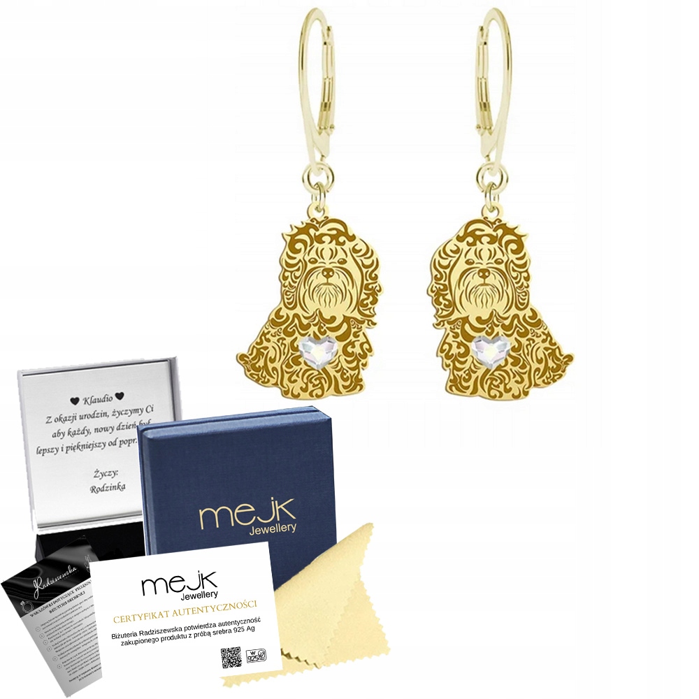 Náušnice Zlaté s psem Bolonka Ruská 925 Dárek Žena Gravírování Bonus