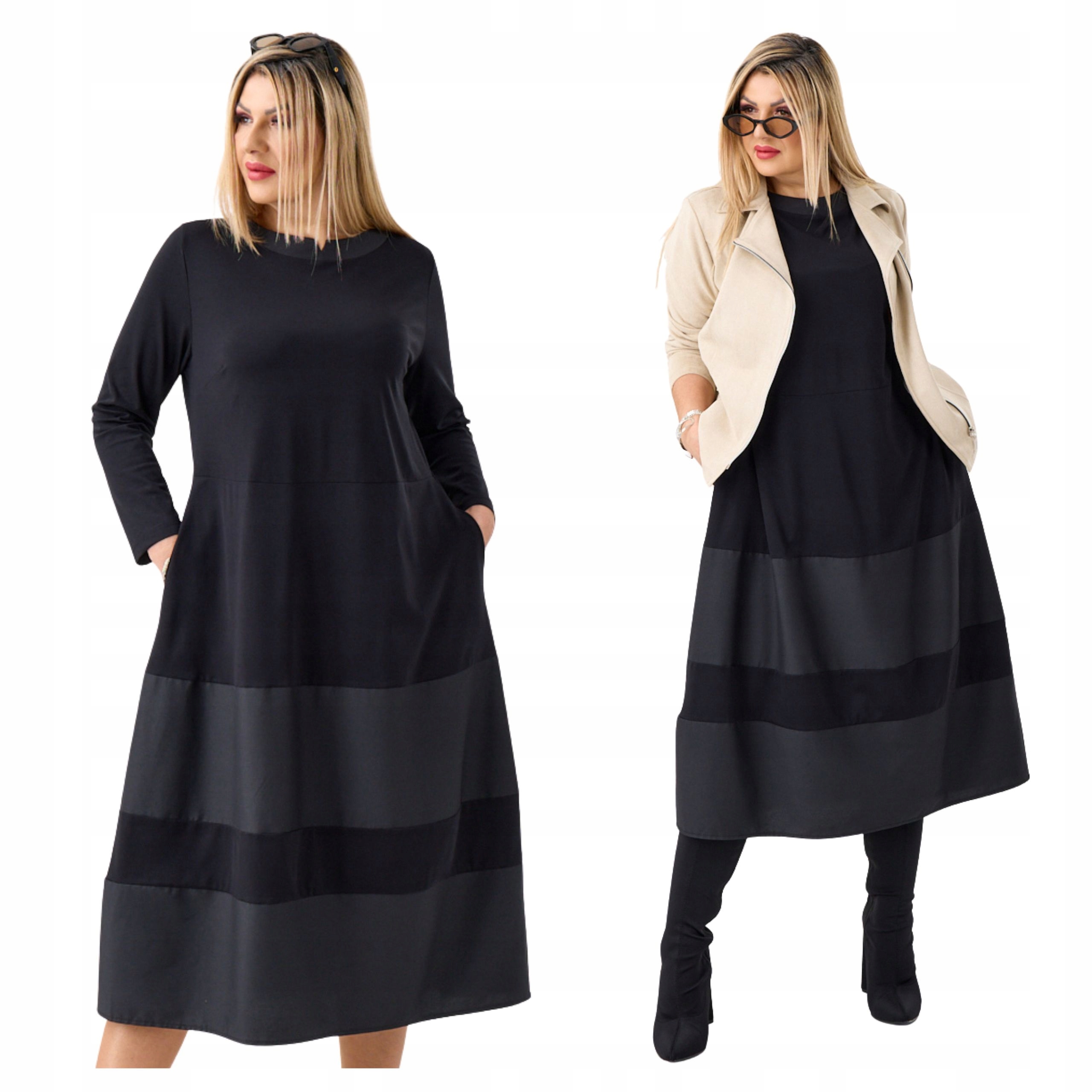 Sukienka rozkloszowana midi z kieszeniami Polski Producent duże rozmiary