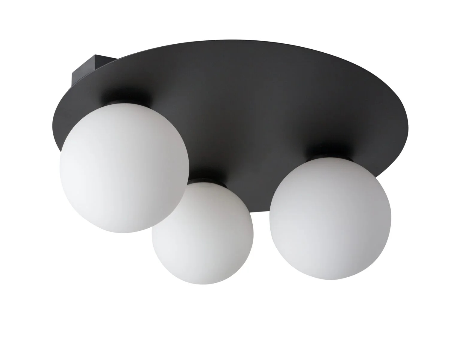Stropná lampa čierna okrúhla trojitá, sklenené biele gule do spálne Sigma