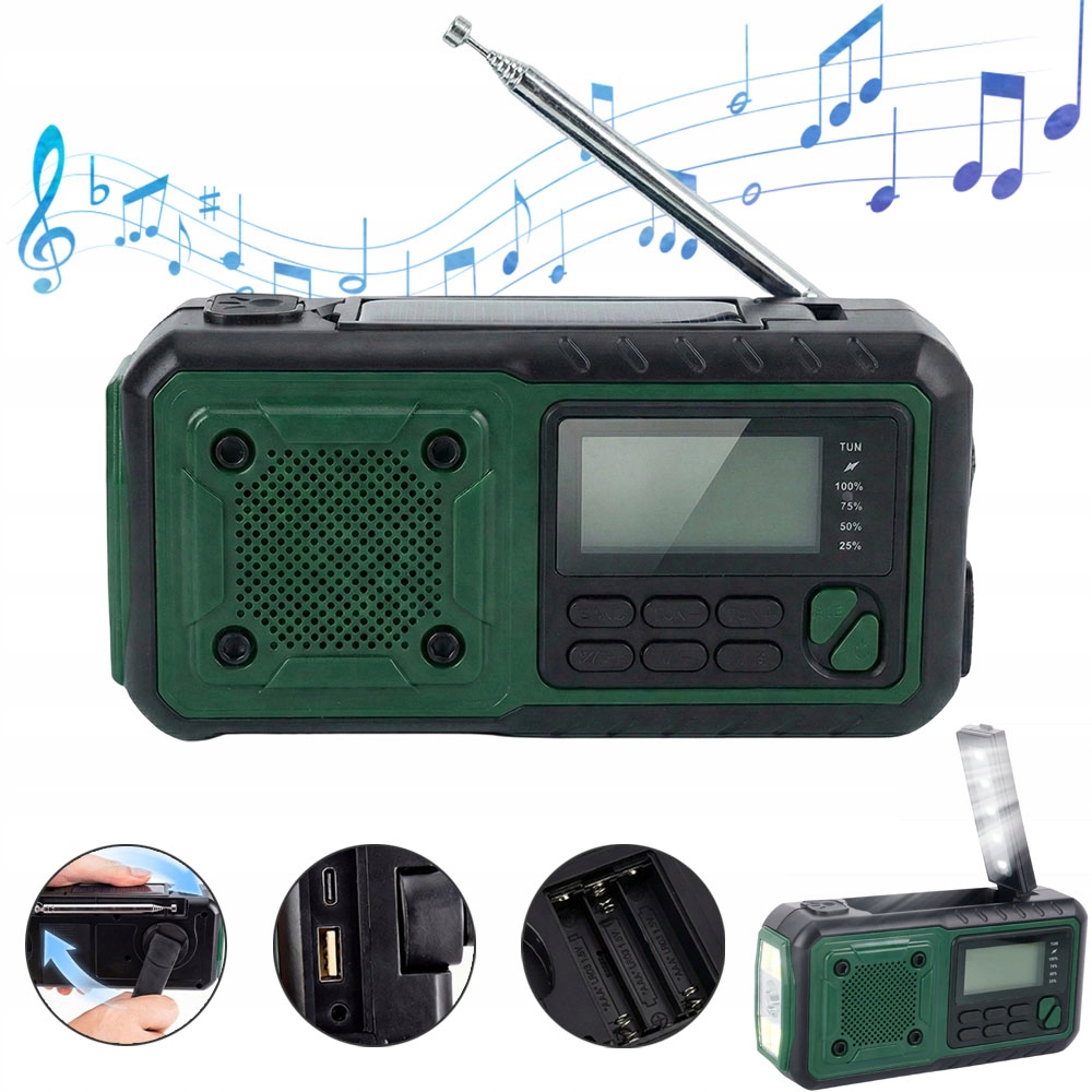 Přenosné rádio Solární klika Nouzová svítilna Powerbanka Kempování Zelená