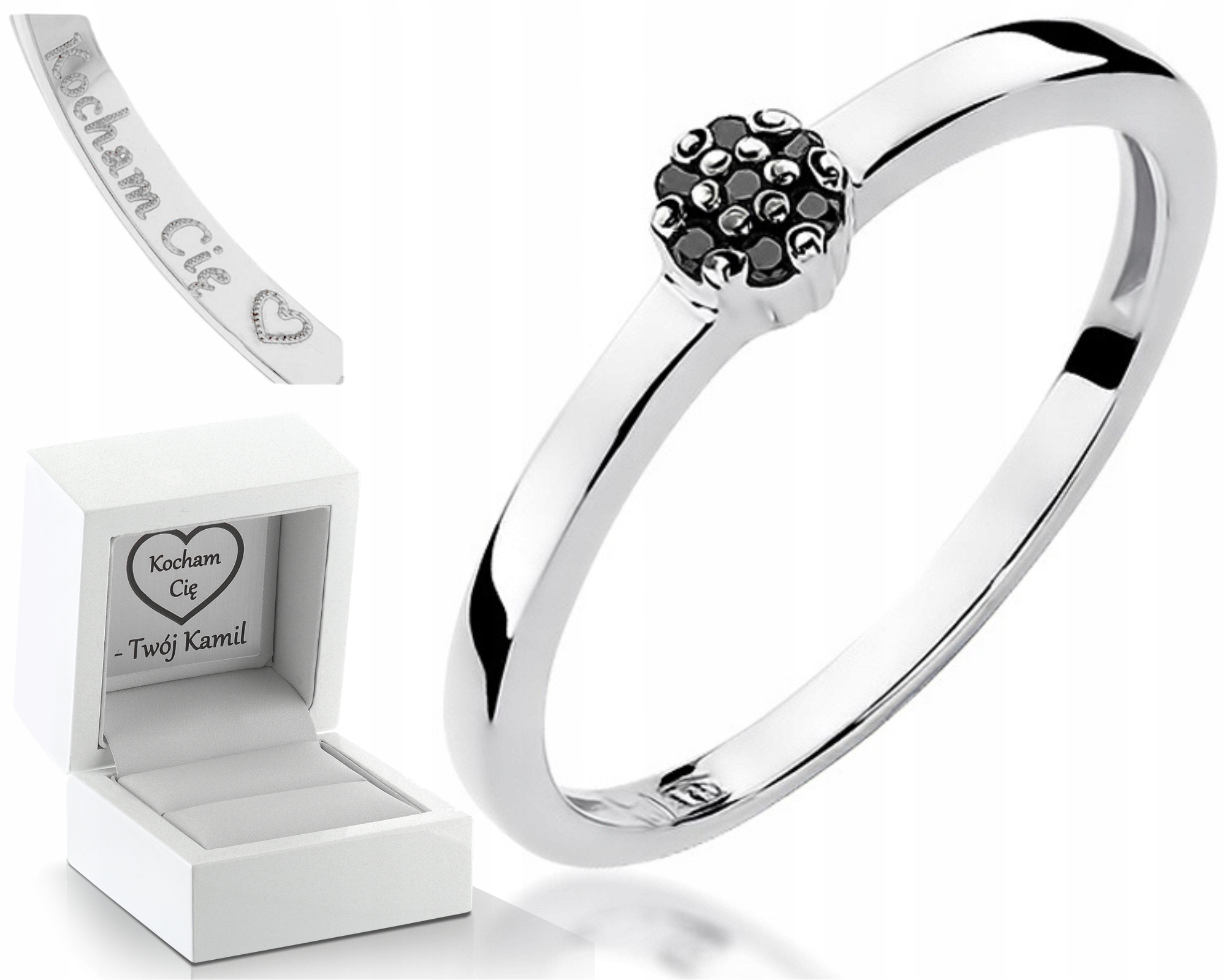 Prstýnek Černé Brilianty Bílé Zlato Gravírování 585