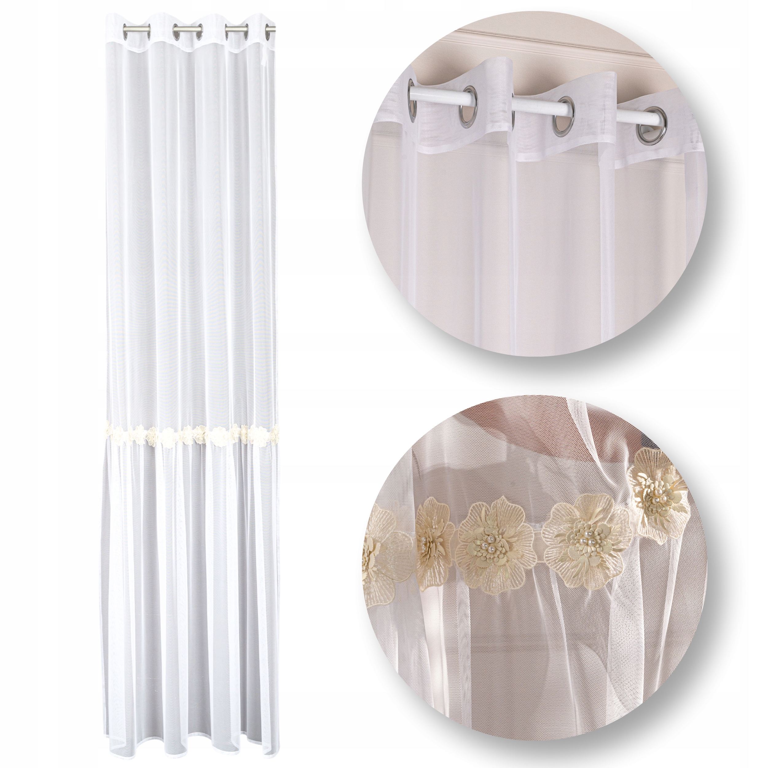 Hotová záclona na průchodkách záclona se zlatými 3D květy s perlami 140x250 Isen