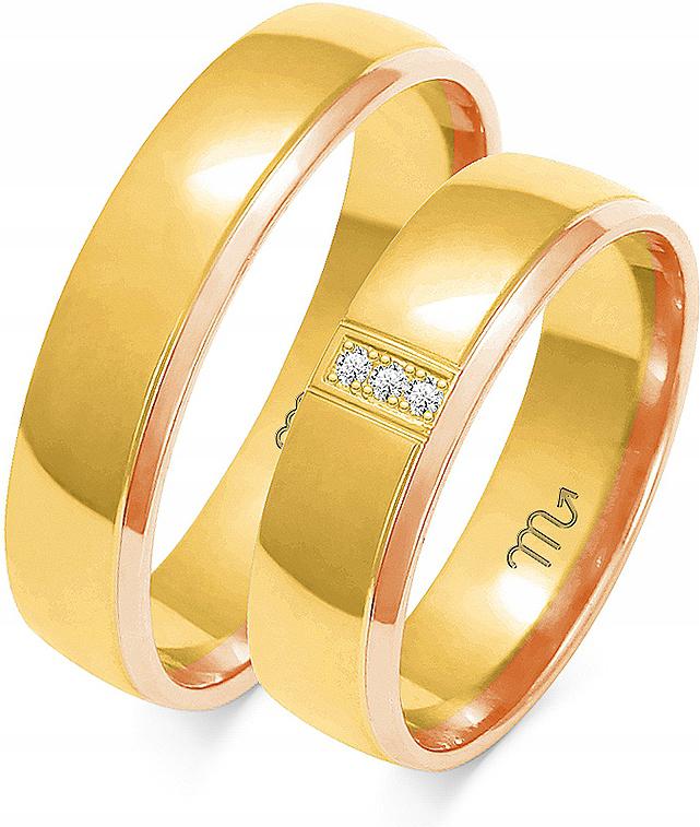 Zlaté snubní prsteny s gravírováním zirkony 585, 26 27 28, svatební pro mladý pár