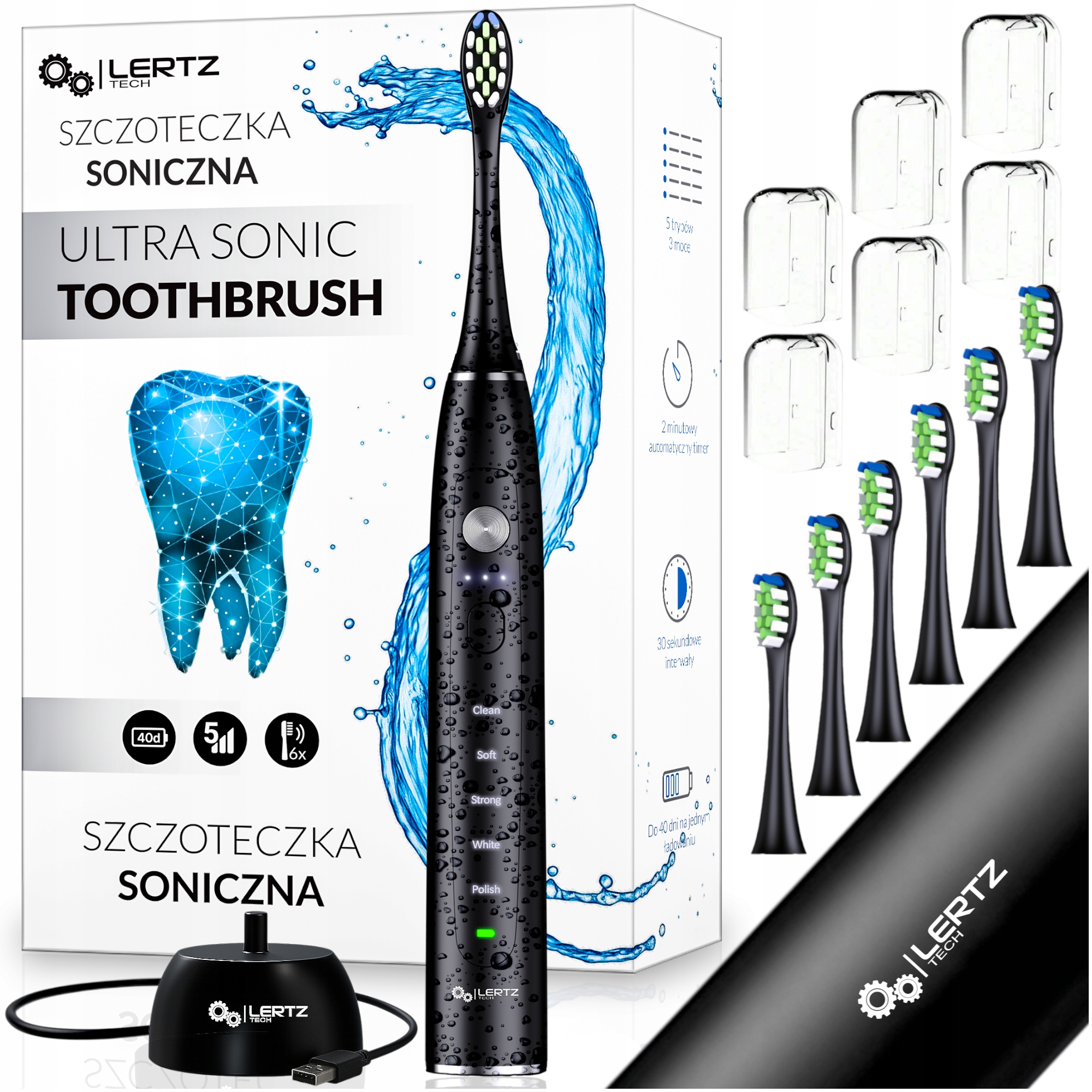 Szczoteczka Soniczna Elektryczna 6 końcówek Indukcja 80tys r/min 15 Trybów