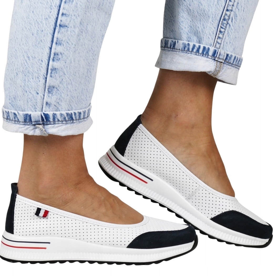 Kožené Polobotky Bílo-modré Sportovní Baleríny S Měkkou Vložkou