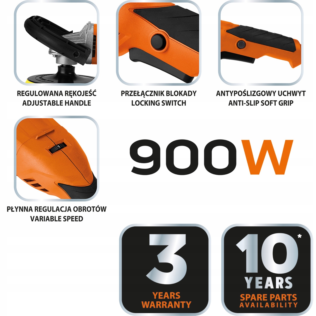 Polerka szlifierska 900W, szlifierka polerska regulacja obrotów pad 150mm Maksymalna prędkość obrotowa 3000 RPM