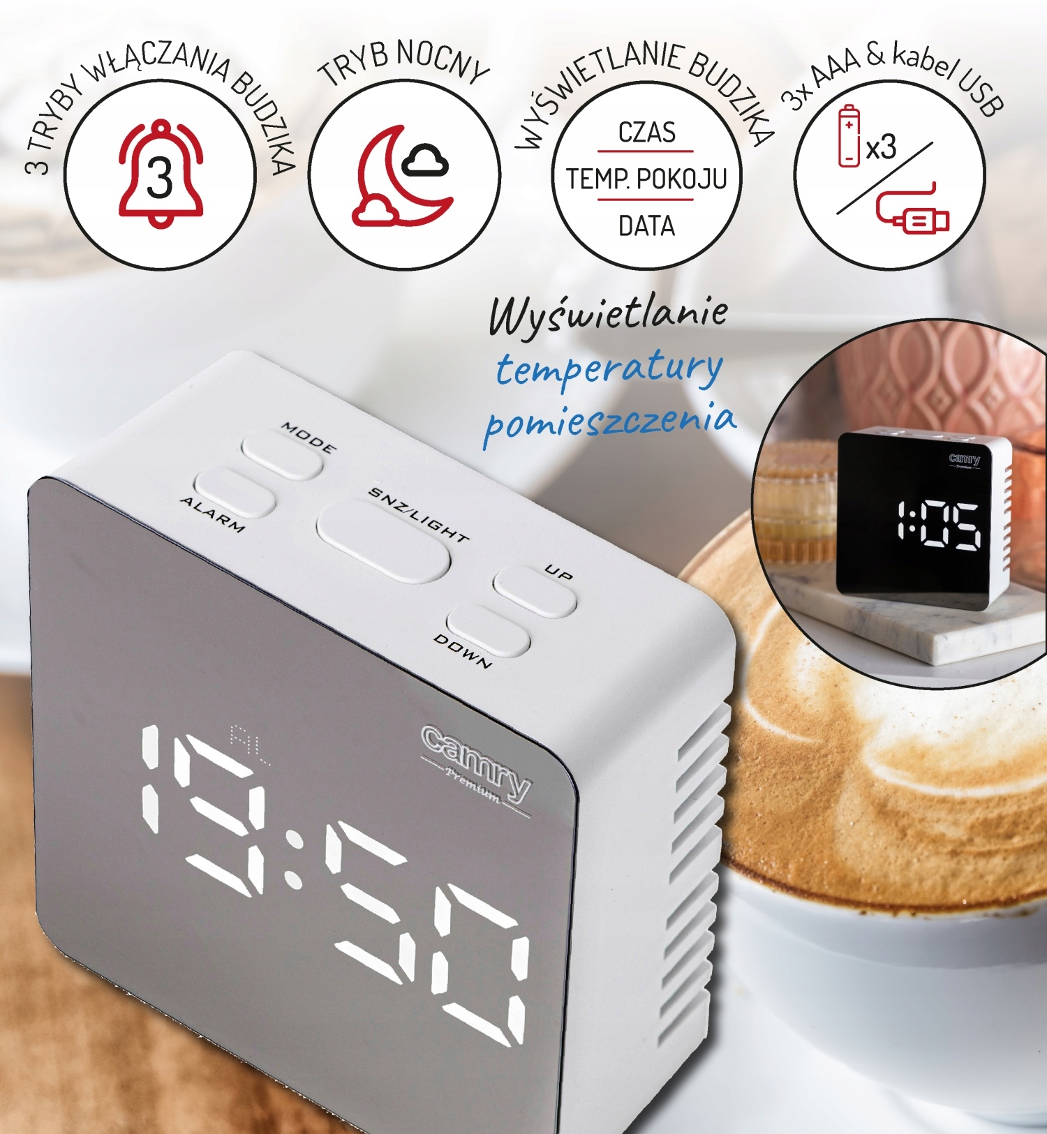 Budzik LED CR 1150 White z Wyświetlaczem Temperatury i 3 Trybami