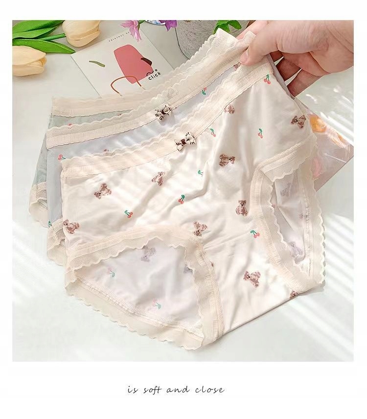 Cute Bear Print Ultra-Thin Nude Ice Silk Underwear Women's Sweet