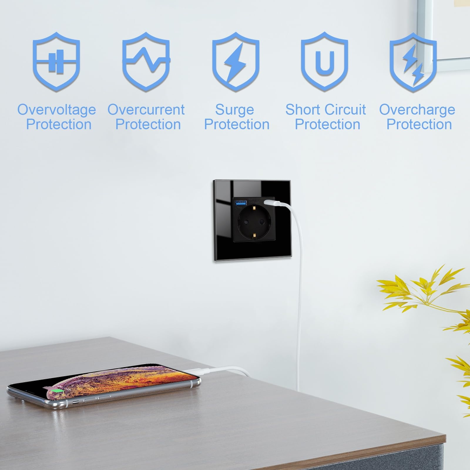 JIMEIDA Gniazdko Szklane USB Czarne Szybkie Ładowanie 20W 16A 250V 86x86mm — miniatura 3