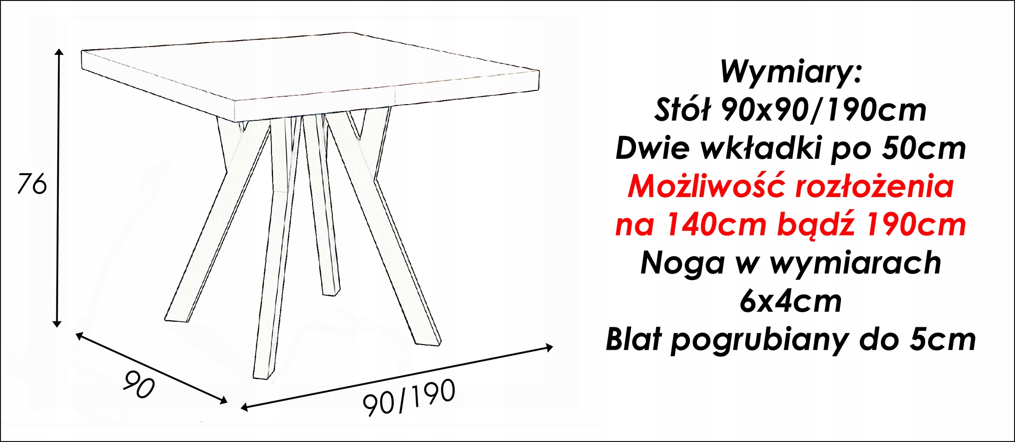 Stół rozkładany 90x90x190 DĄB ARTISAN + 10 krzeseł Wysokość krzesła 83 cm