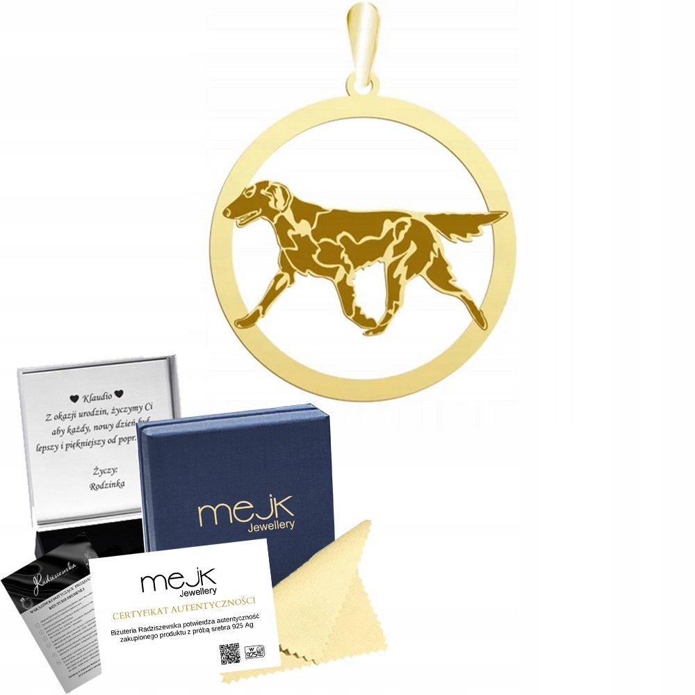 Zlatý přívěsek se psem Flat Coated Retriever 925 Šperky Gravírování Bonus
