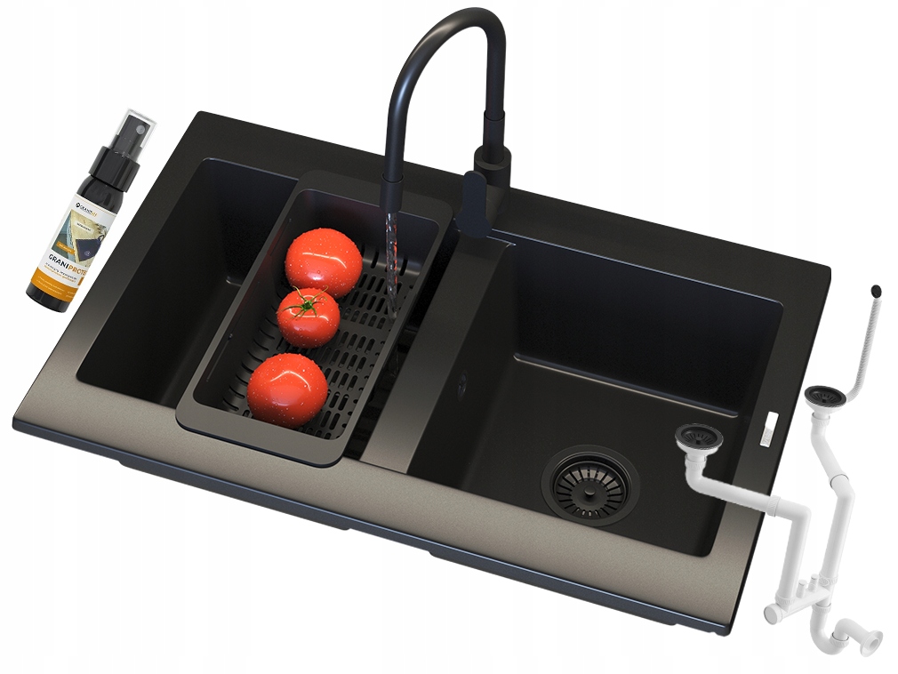 Granitový Dřez Černý Verso Kuchyňský Baterie Košík Sifon