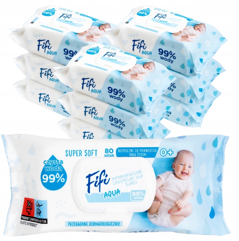 Fifi Aqua Chusteczki Wodne Nawilżane 99% Woda Dla Dzieci Pantenol 800 szt.