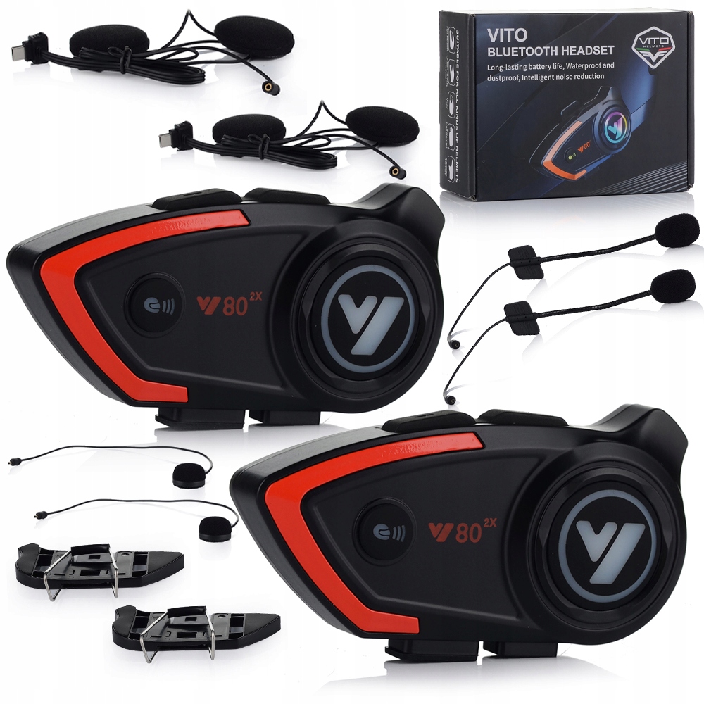 2x Motocyklový Interkom Vito Bluetooth Reproduktory IPX6 Vodotesný 1000 mAh