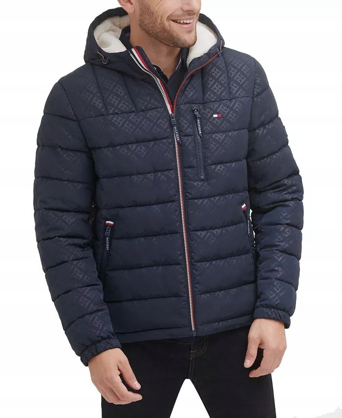 Tommy Hilfiger prošívaná zimní pánská bunda Sherpa modrá logová XXL