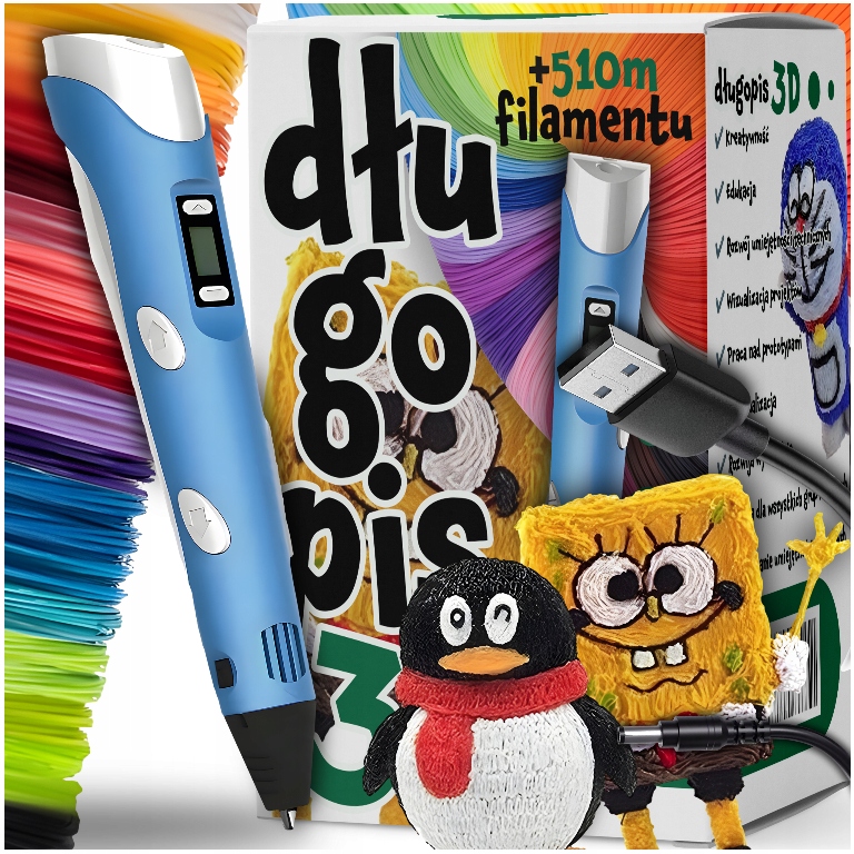 DŁUGOPIS 3D DRUKARKA 3D MAGICZNY PEN DLA DZIECI ZESTAW 510METRÓW WKŁADY PLA