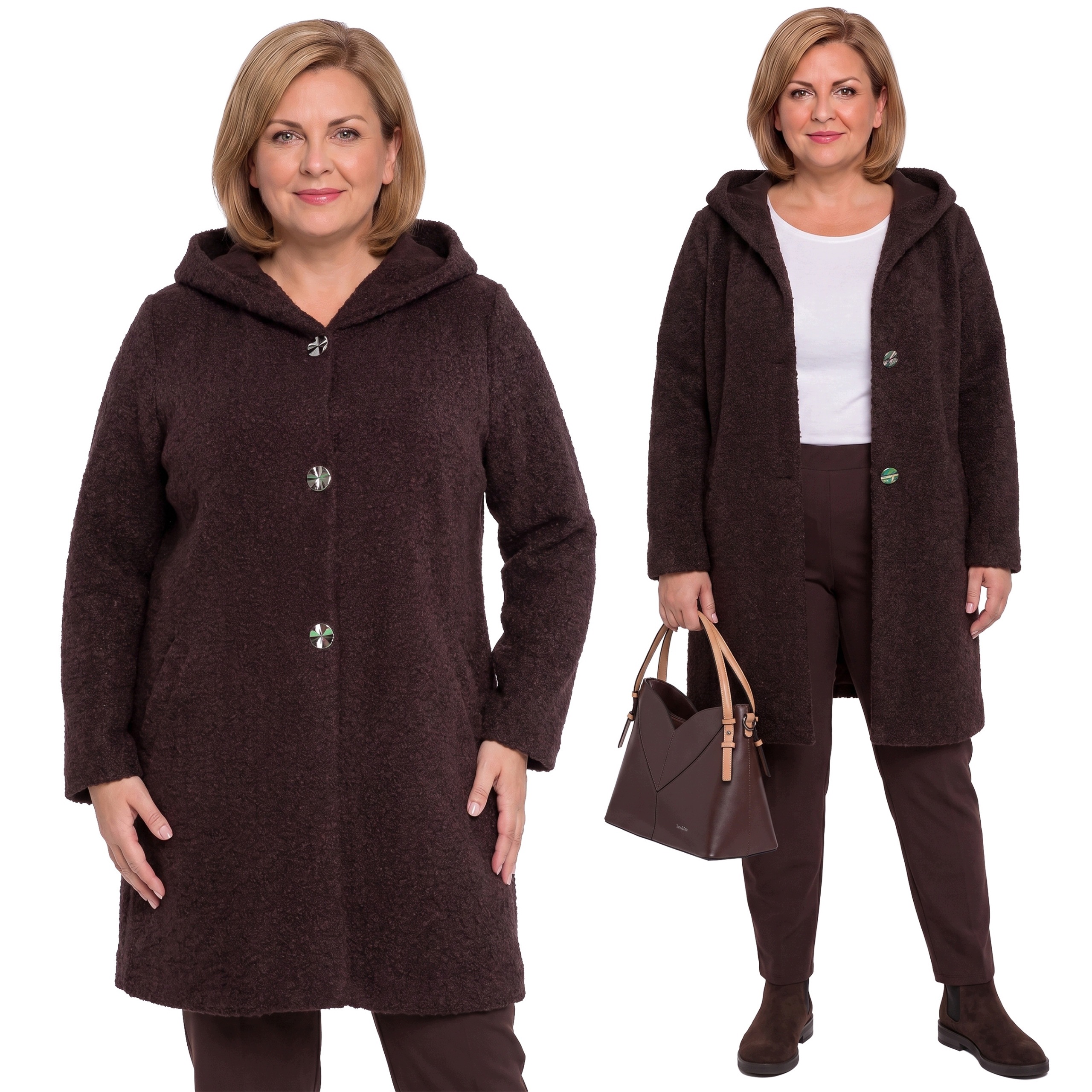 Hnědý kabát s kapucí plus size velikost 64