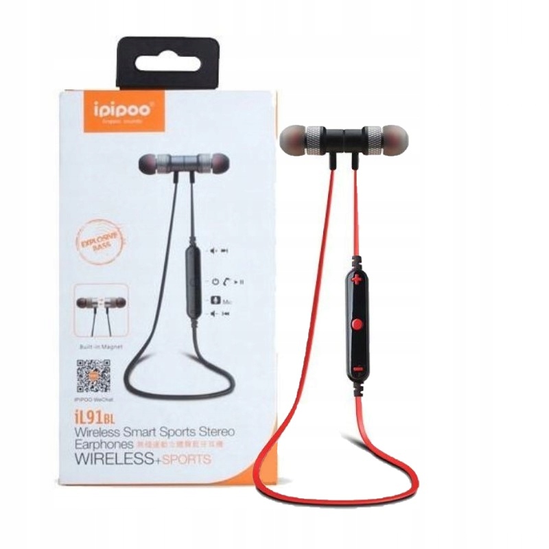 Słuchawki Douszne Ipipoo IL-91BL Bluetooth sportowe czarno-czerwone