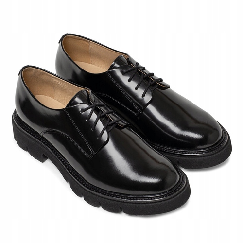 Brilu Polskie Skórzane Sznurowane Półbuty Damskie Indigo Czarne Lakier 41