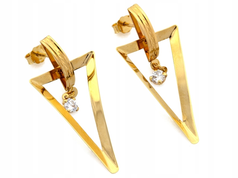 Náušnice ze žlutého zlata 585, moderní trojúhelníky se zirkonem na tyči 14k