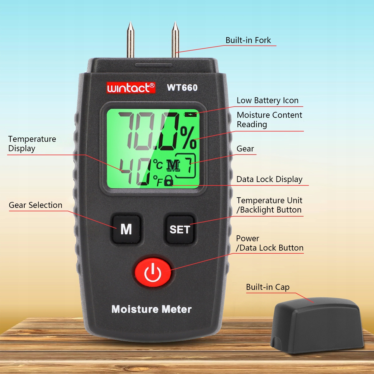 WILGOTNOŚCIOMIERZ DO DREWNA MIERNIK WILGOTNOŚĆ BETONU CEGŁY GIPSU TYNKU LCD Długość elektrod 10 mm