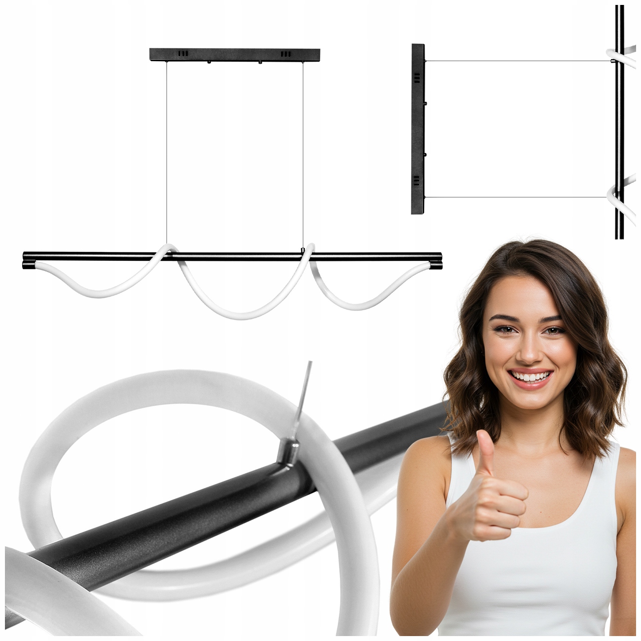 Závesná Led Lampa Serpente 55W Čierna Hadica Hladká Variabilná Farba Cct Diaľkový Ovládač