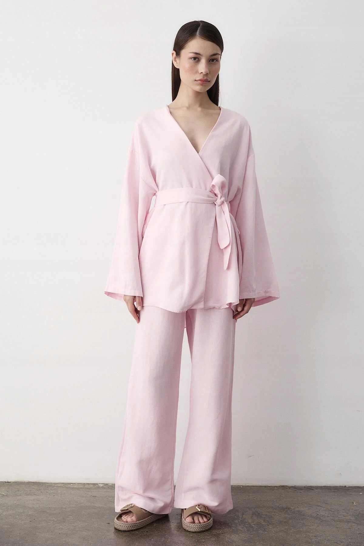 Dámský Komplet Růžový Kimono S Páskem 100% Bavlna S 5GA