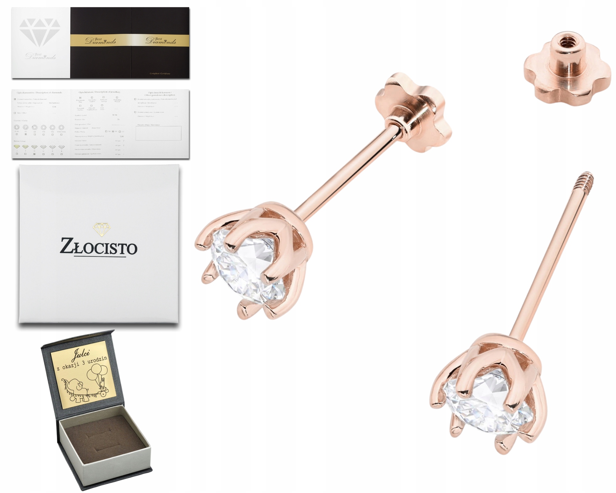 Růžové Zlato Náušnice Diamanty Lab Šroubovací Tyčinka Zlato 585 1,00 Ct