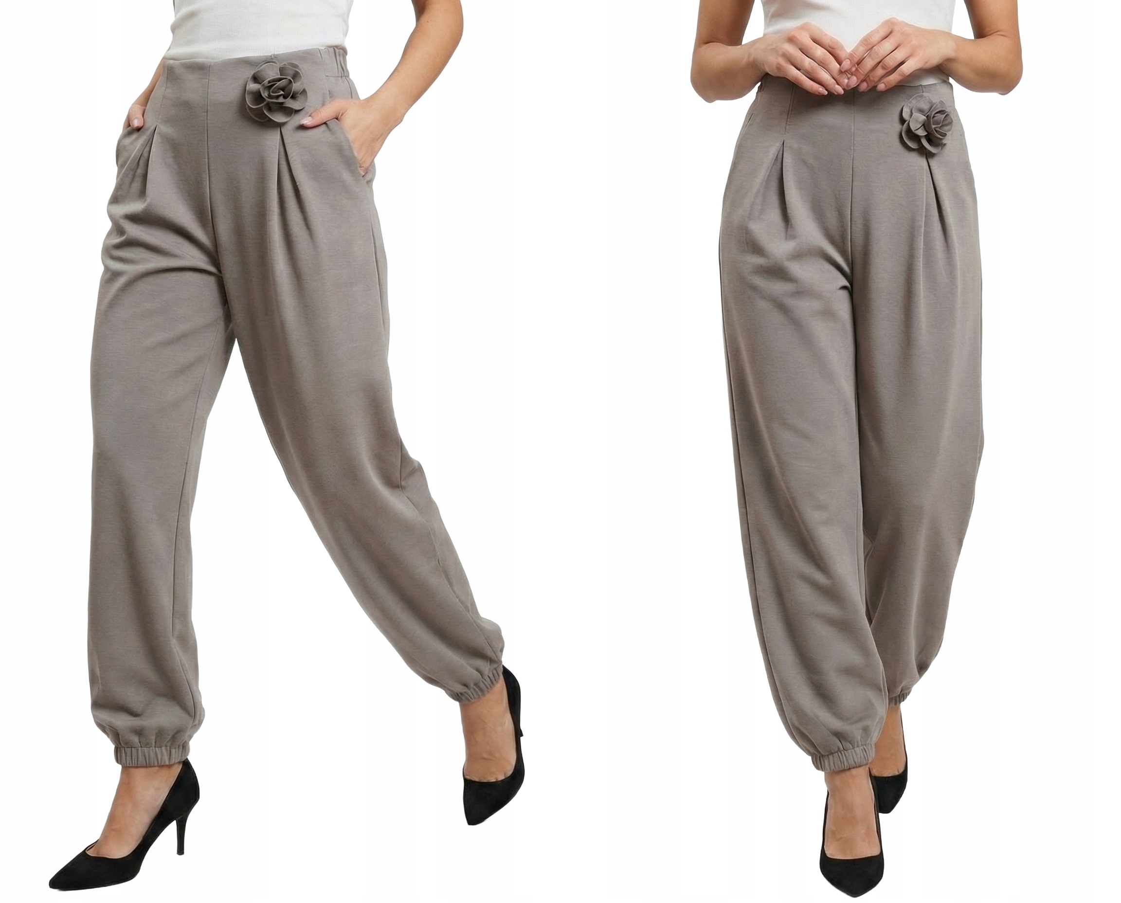 Spodnie Joggery Masełko Stylowe Broszka Różyczka Beżowe