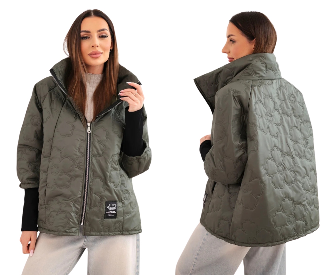 Khaki dámská jarní bunda s kapucí a ozdobným květinovým vzorem