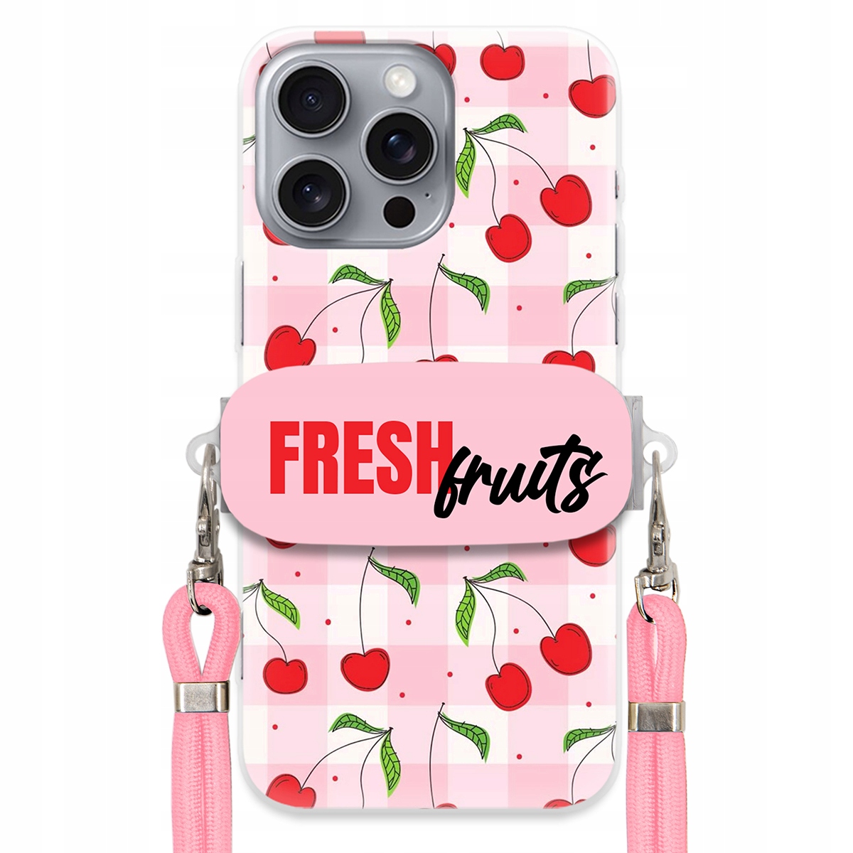 Puzdro pre iPHONE 16 Pro Max Case Držiak šnúrok Ružový Fresh Fruits Mriežka