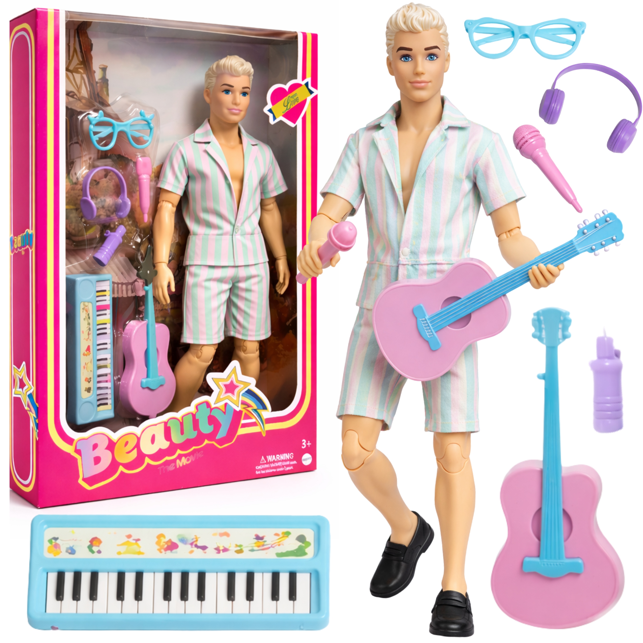 Lalka Ken Blondyn Gitarzysta Ruchome Stawy + Akcesoria Zestaw 30cm Prezent