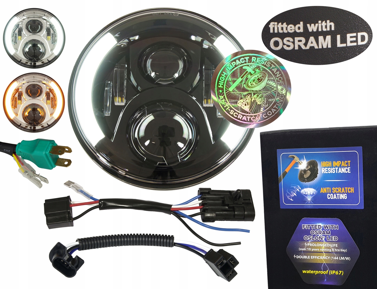 Lampa 7 palcov s Drl Anti-Scratch Led Osram 144 lm/W 17/27W čierna pre Harley