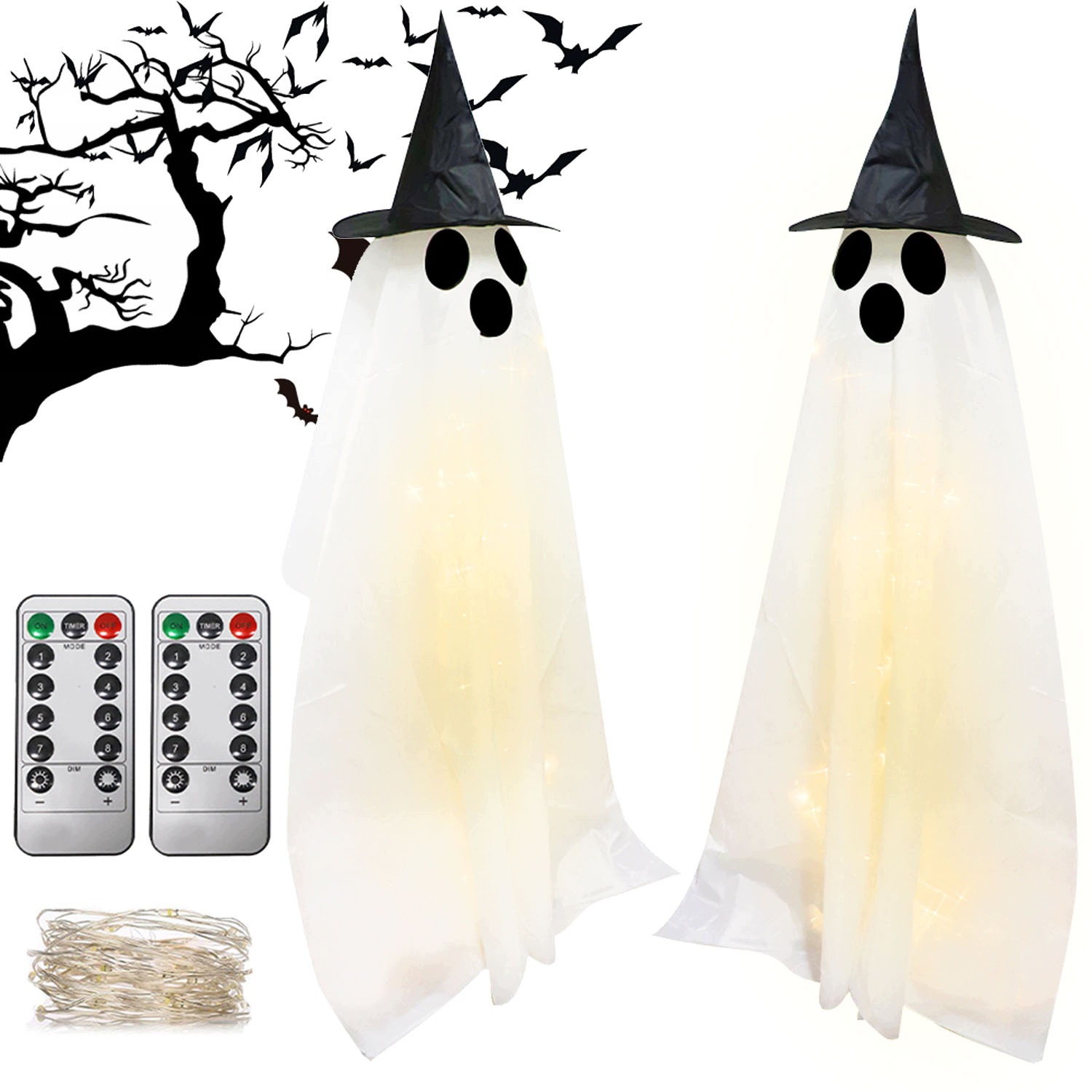 Svítící duchové Dekorace Halloween 2ks Led Dálkové ovládání Časovač Regulace výšky