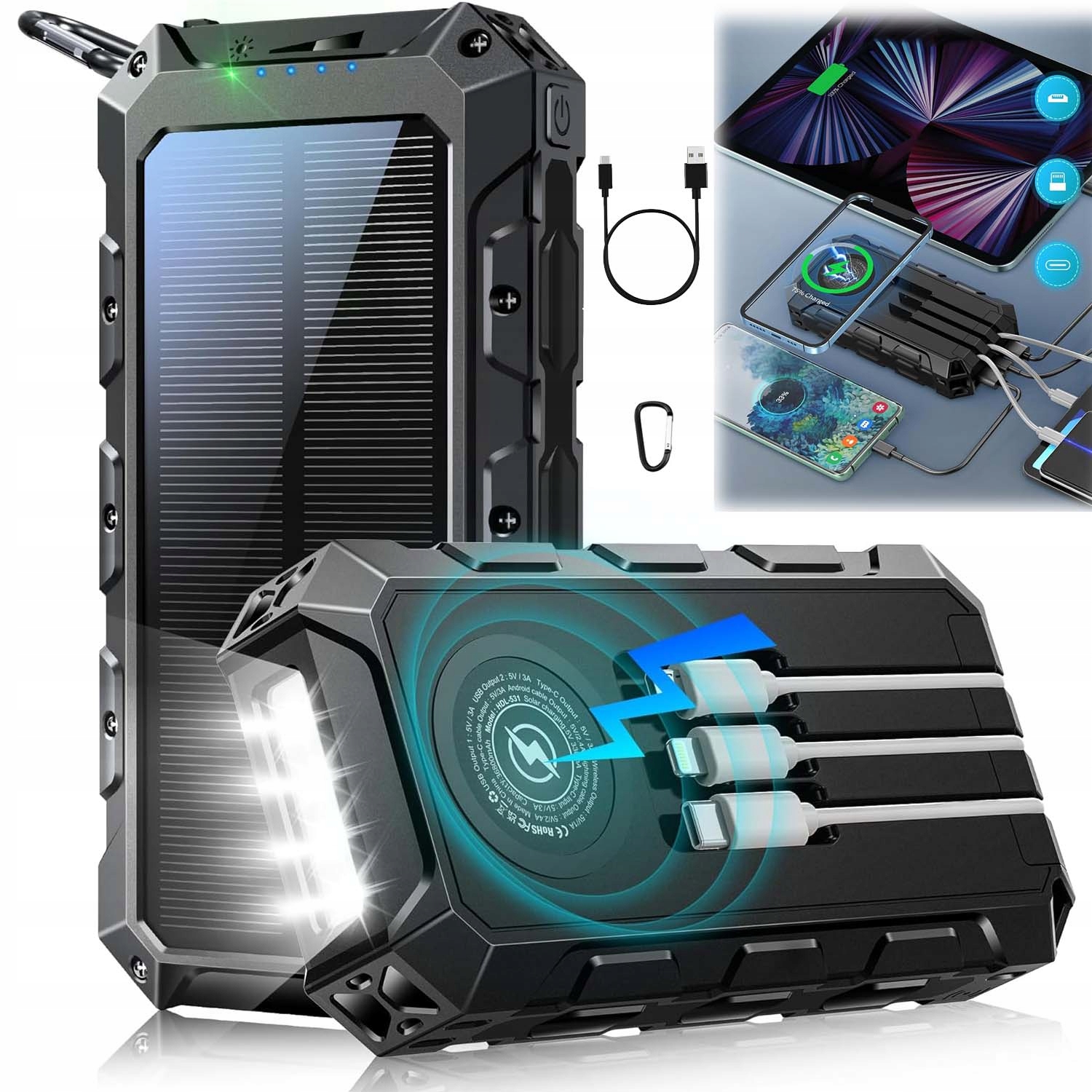 Solární Powerbanka 30000MAH Nabíjení 7 Zařízení Současně Bezdrátové Nabíjení