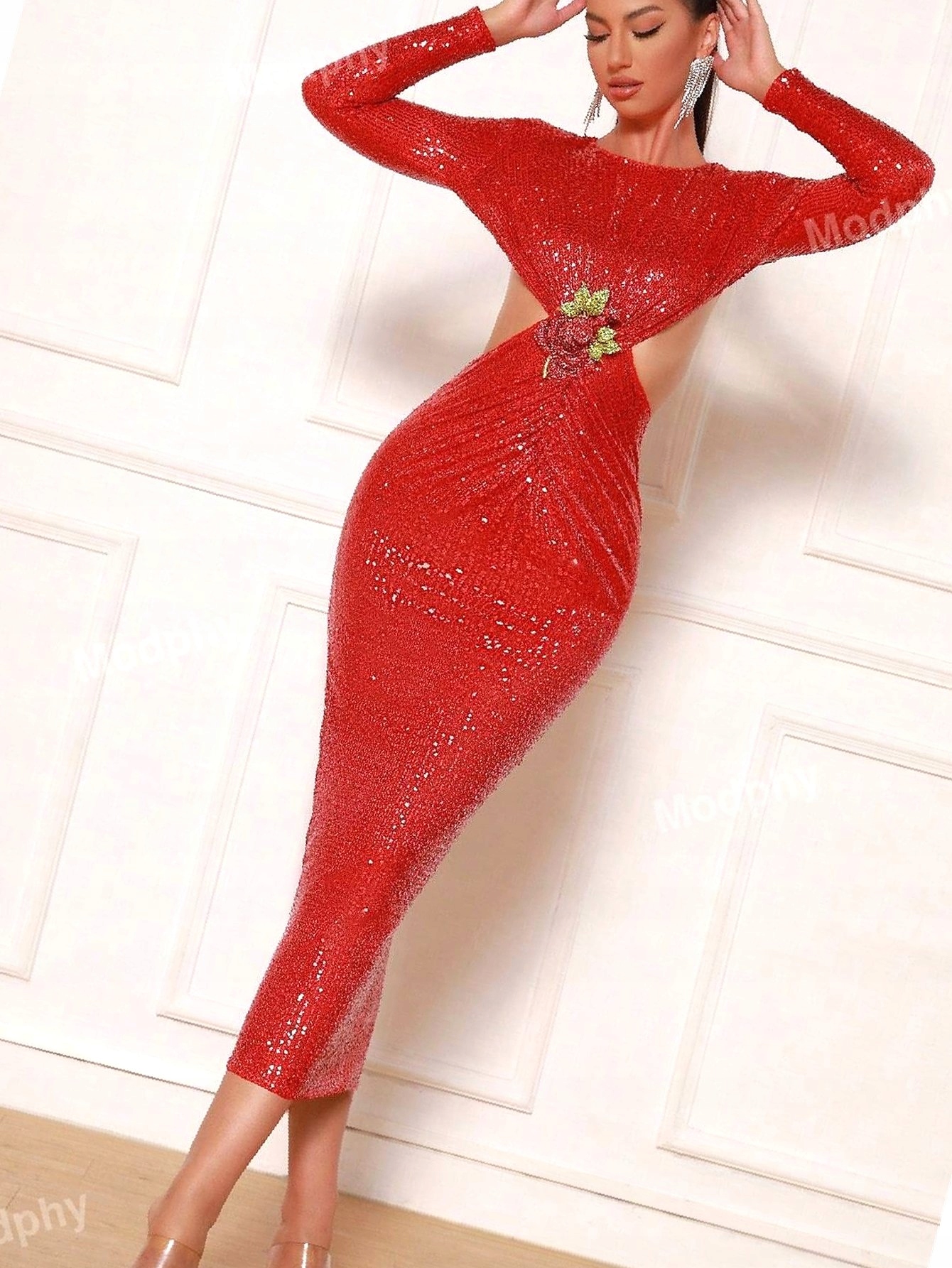 Šaty Balová s broží a odhalenými zády Maxi Flitrová L 40