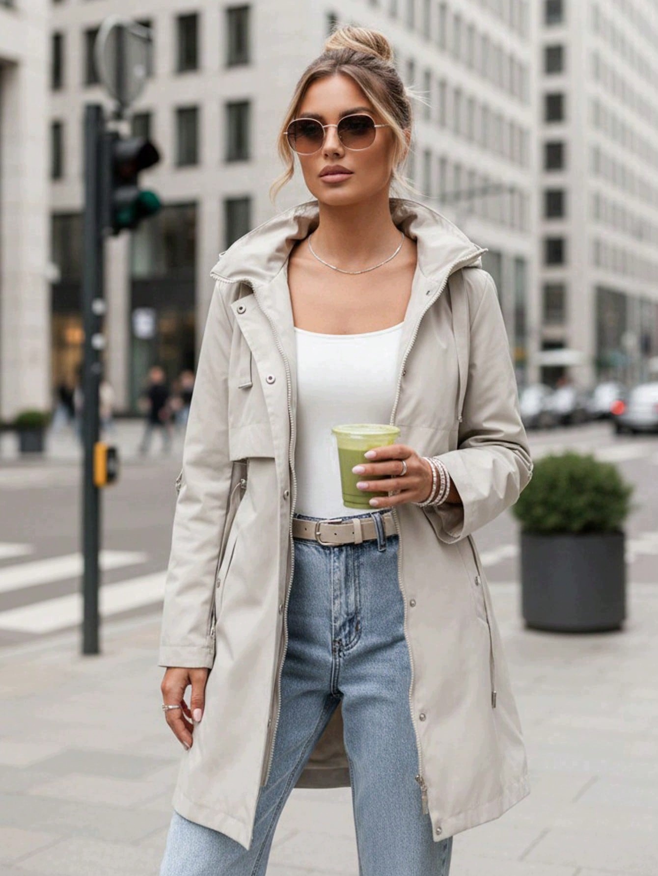 Shein Béžová Přechodová Bunda S Kapucí A Klopami M 1LA