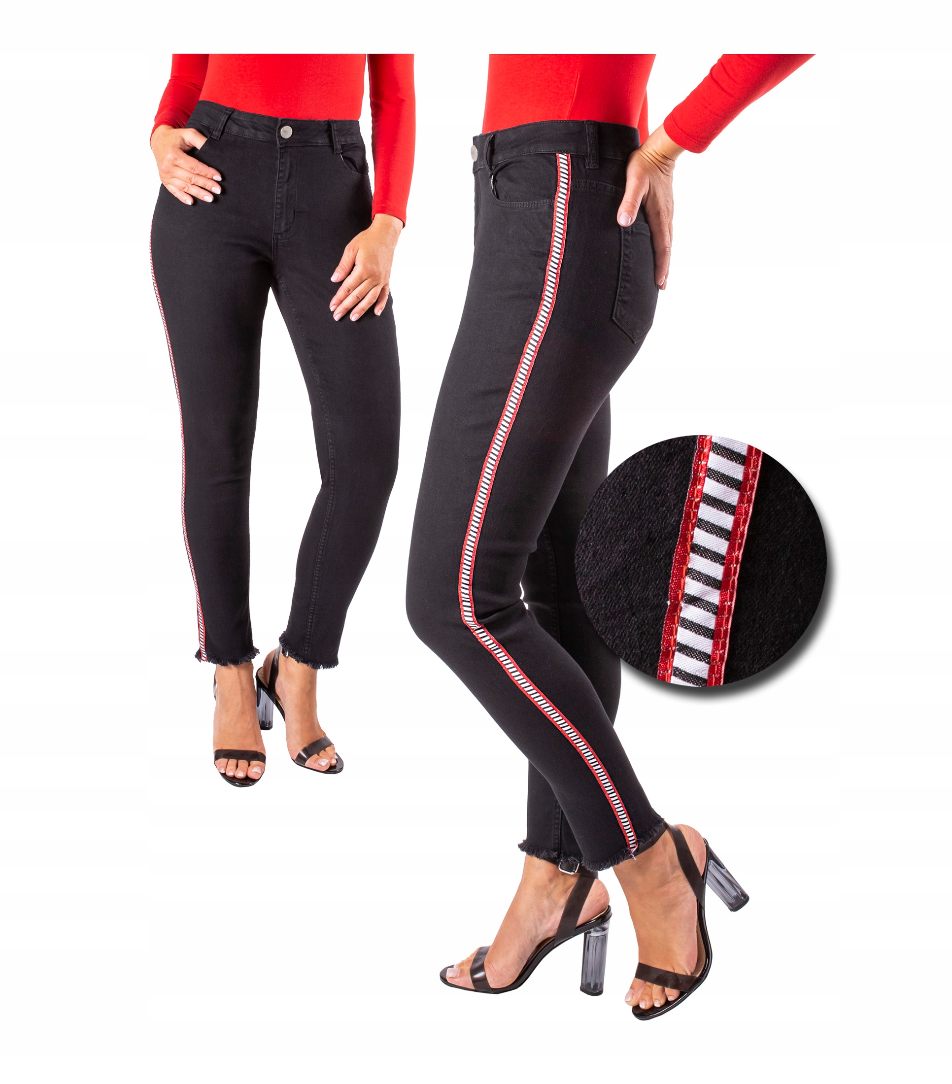 

czarne Jeansy Rurki Wysoki Sta Lampasami Duże R 48