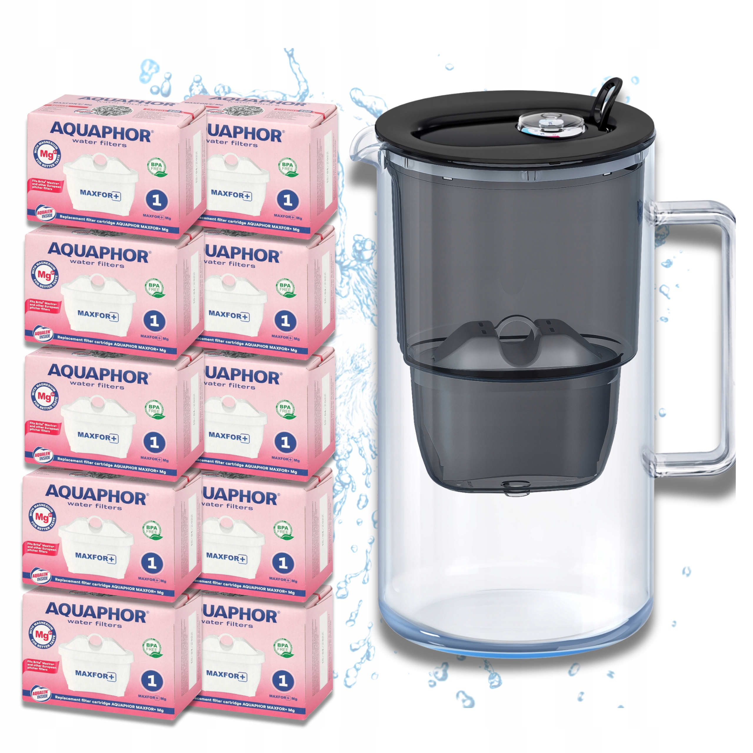 Filtrujący Wodę Szklany Dzbanek Aquaphor Glass czarny +10 filtrów Maxfor+Mg