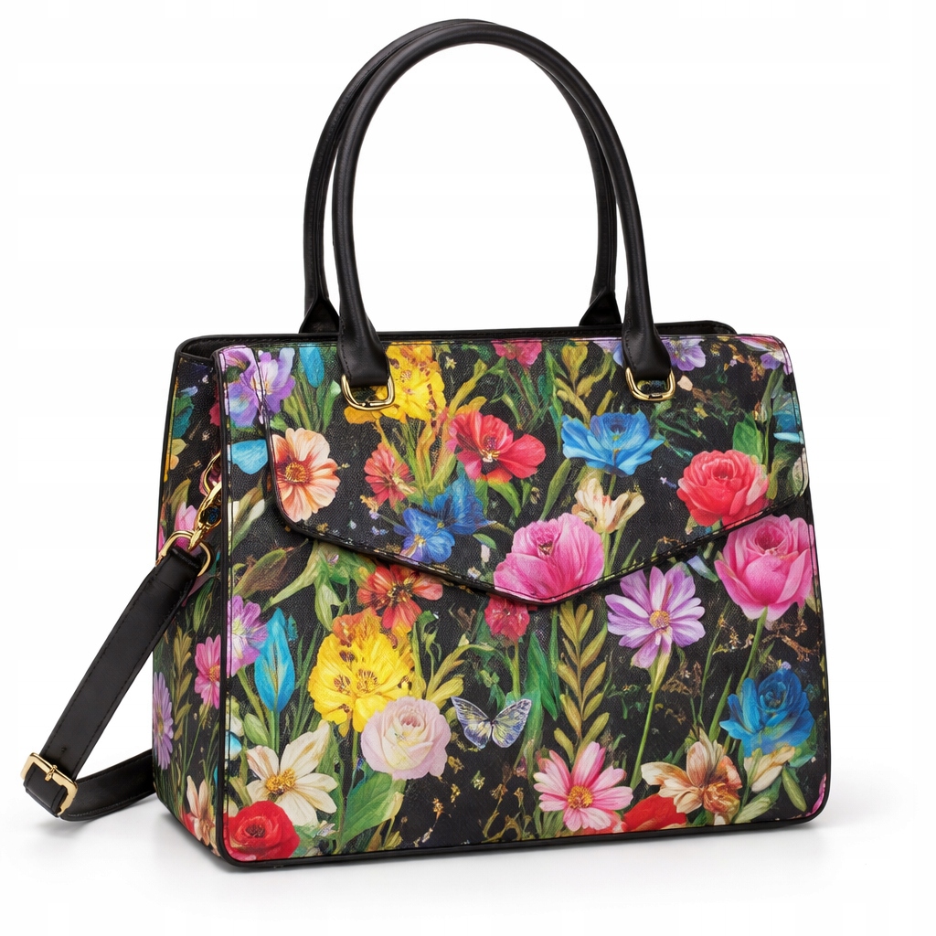 Torebka Damska Shopper Na Ramię Kwiatowy Wzór Skóra Ekologiczna Czarna