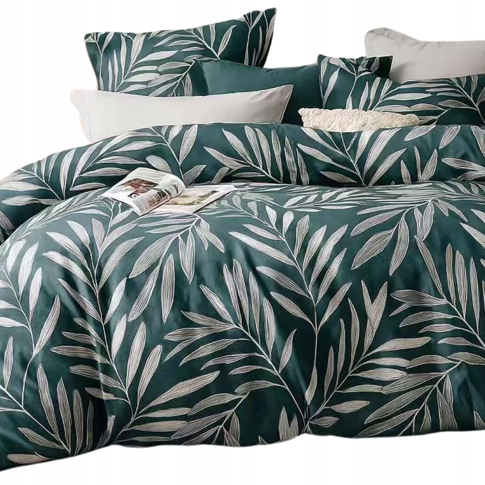 Komplet pościeli 160x200 z prześcieradłem z gumką dwustronna petrol liście