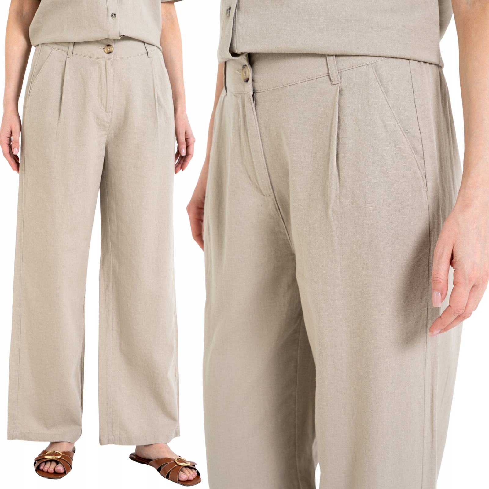 Spodnie Damskie Lniane z Wiskozą Casual Luźne z Kieszeniami Moraj S