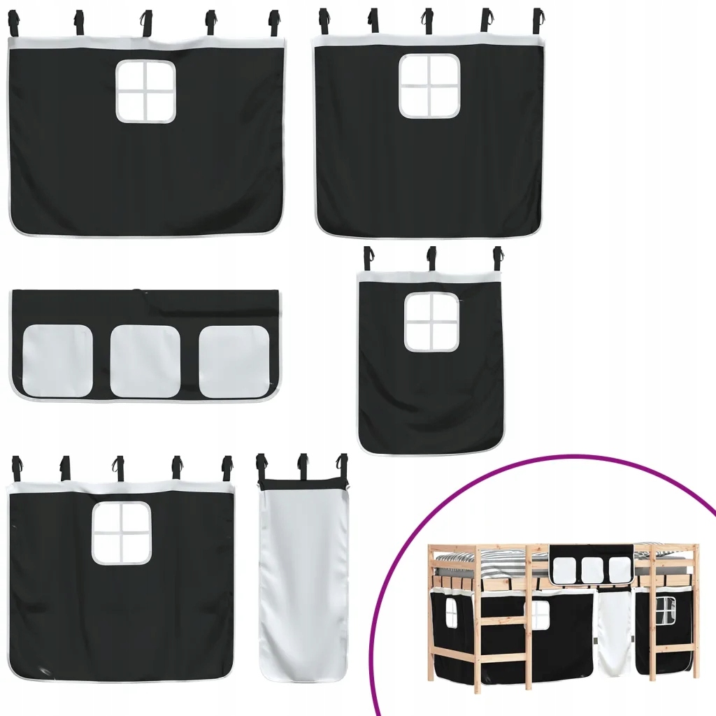 Dziecięce łóżko na antresoli, czarno-białe zasłonki, 90x200 cm Wysokość mebla 113.5 cm