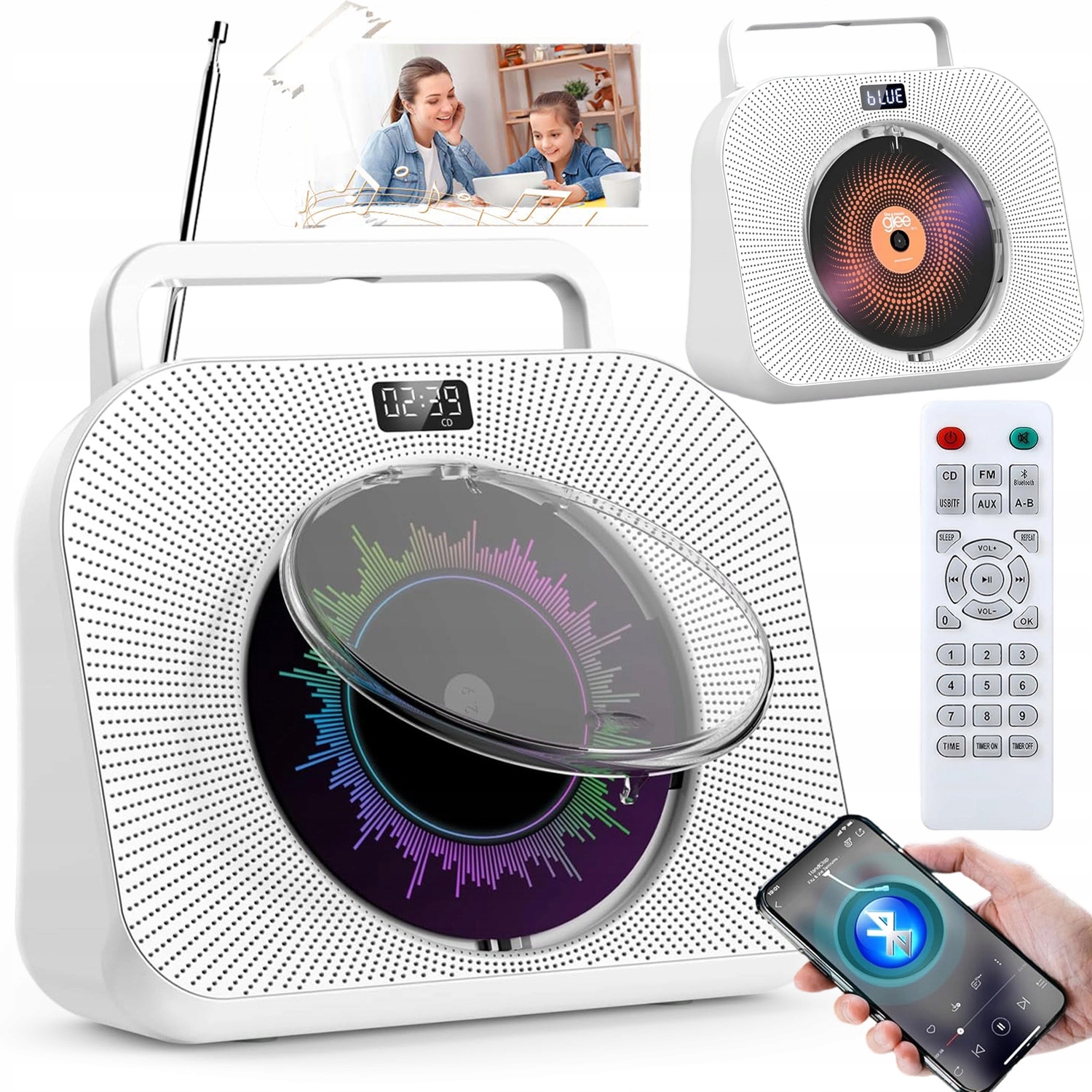 Přenosný CD Přehrávač Bluetooth Reproduktor Dárek Jako Dárek Bílý